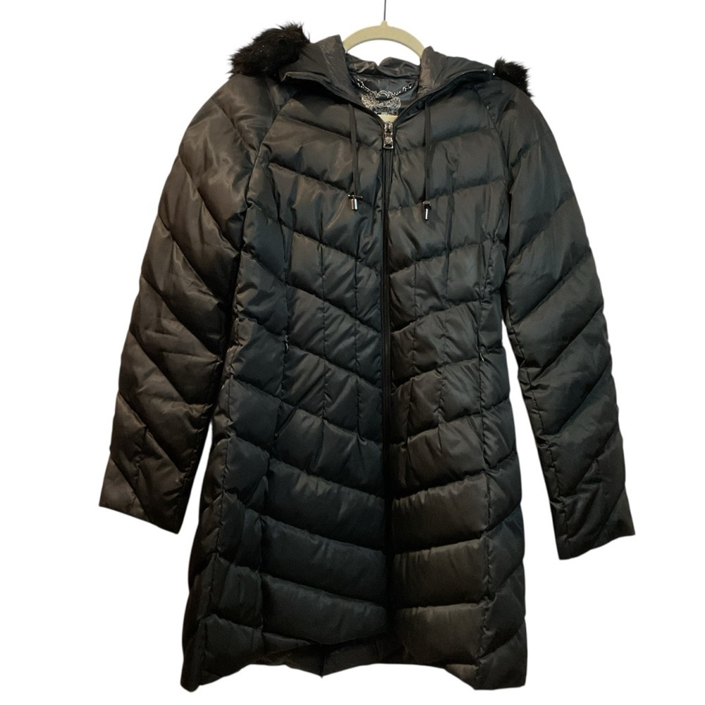 Vince Camuto Down Filled Black Puffer Coat With Fur Trimmed Hood Size M